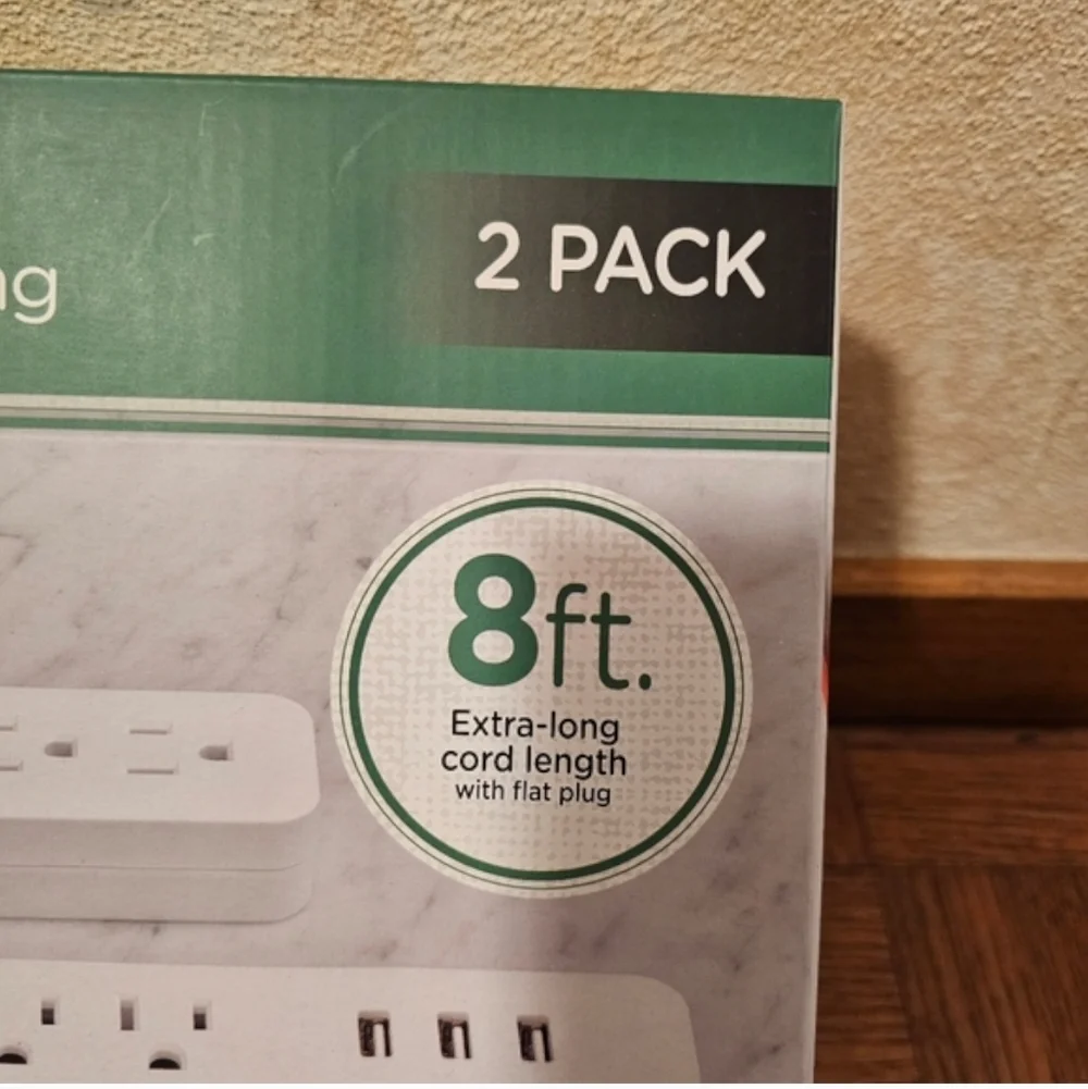 Jasco 2 Pack Extension Cords with USB Charging 8 Ft Extra Long 6 Outlets 3 USB